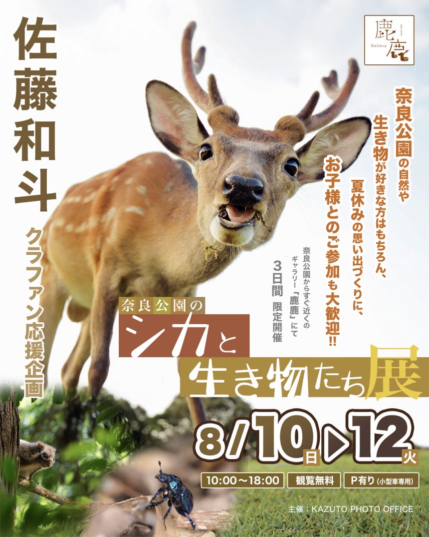 8/10（日）- 8/12（火）クラウドファンディング応援企画！ 自然写真家  佐藤和斗  ミニ写真展「 奈良公園のシカと生き物たち展 」
